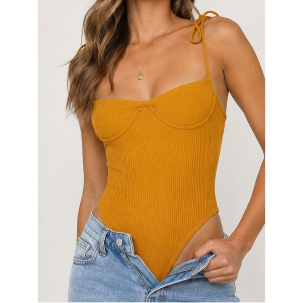 Princess Polly Mustard Yellow Ribbed Tie Strap Bodysuit US 0 AU 4